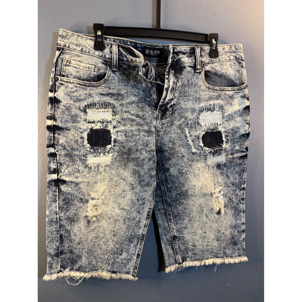 Rue21 Black Premium Mens Acid Wash Distressed Denim Shorts Blue White Frayed Hem